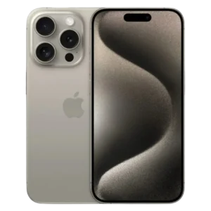 Front & back view of [iPhone 15 pro max] showcasing the display and sleek design in [Natural Titanium].