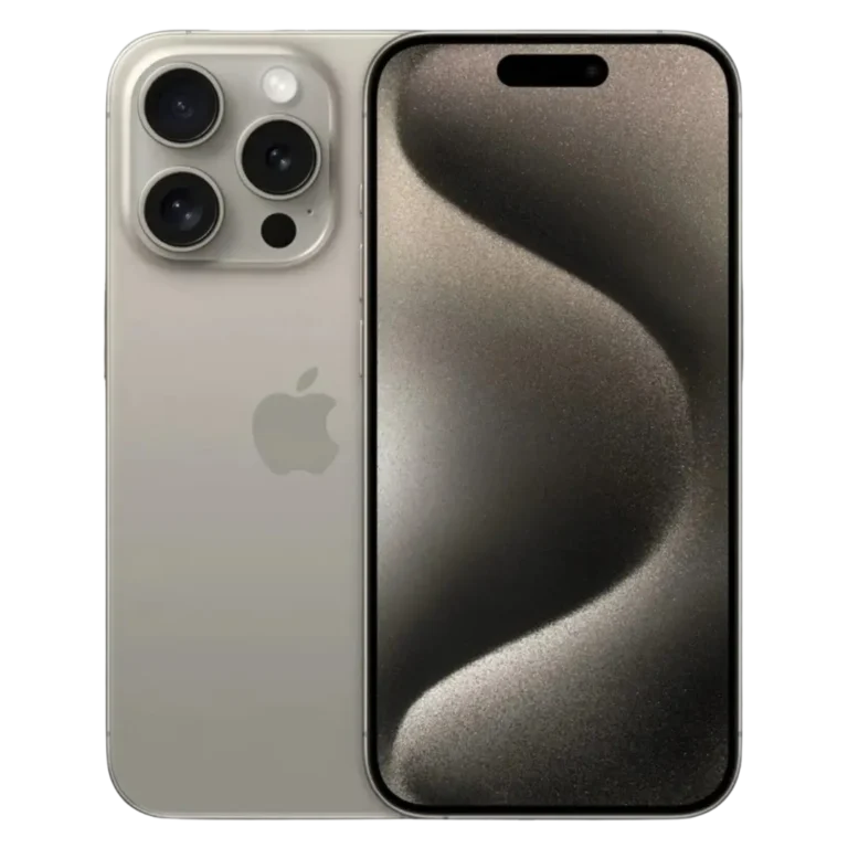 Front & back view of [iPhone 15 pro max] showcasing the display and sleek design in [Natural Titanium].