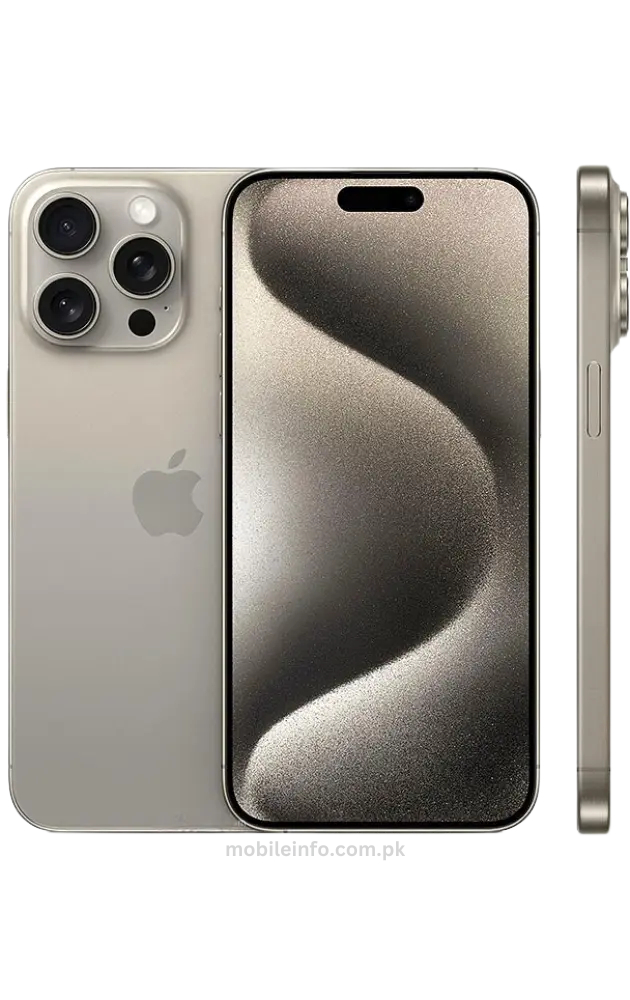 Front and back view of [iPhone 15 pro max] showcasing the display and sleek design in [Natural Titanium].