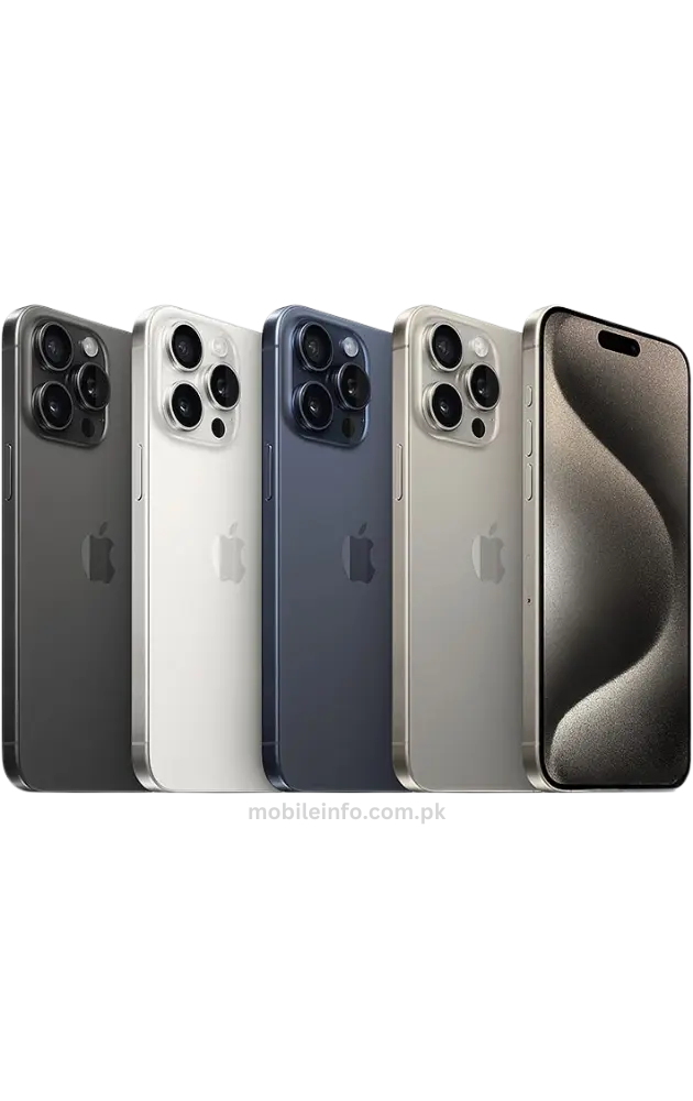 Different color variants of {iPhone 15 Pro Max] showing [4] mobiles in [Black Titanium, White Titanium, Blue Titanium, Natural Titanium].